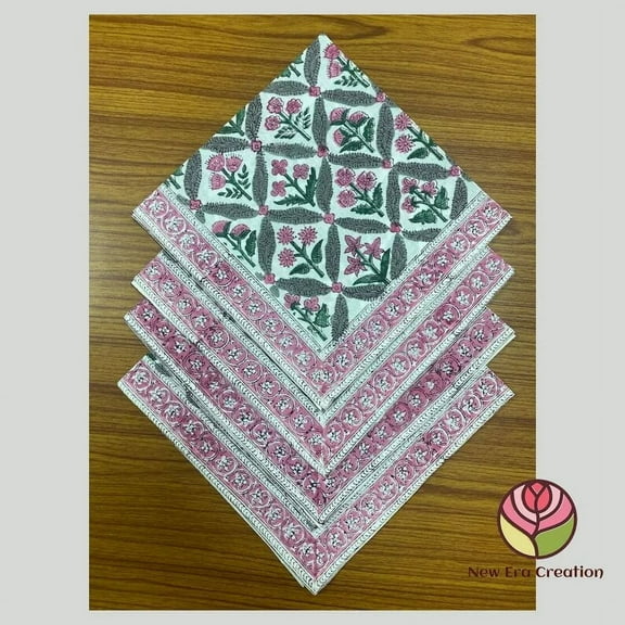 New Era Creation Watermelon Pink, Artichoke and Seaweed Green Indian Floral Hand Block Print Cotton Cloth Napkins Wedding Christmas Events Home Party Gift