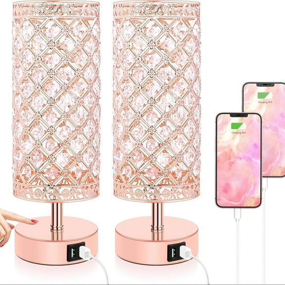1/2 Pack Touch Control Crystal Table Lamps with 2 USB Ports, 3-Way Dimmable Bedside Lamps with LED Bulbs Included, for Bedroom Living Room Office