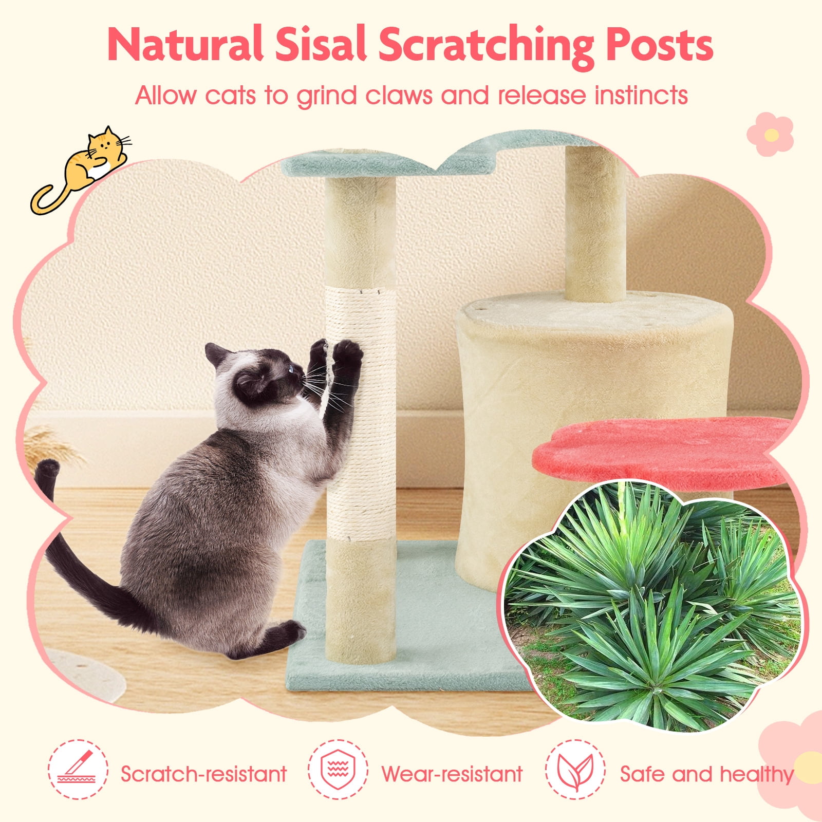 Gymax 49'' Flower Pink Cat Tree w/Flower-shaped Soft Perch Sisal Scratching Posts