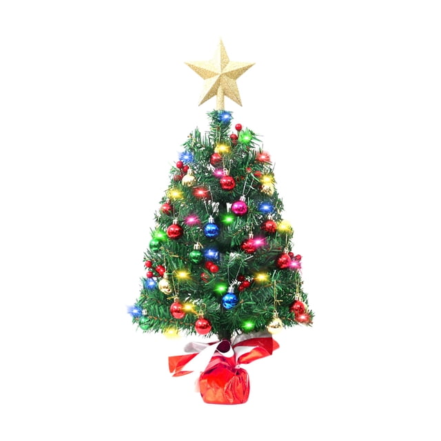 Yhmxh Tabletop Mini Christmas Tree, Mini Xmas Pine Tree with LED String Lights, Miniature Pine Christmas Tree with Hanging Ornament, Battery Operated Artificial Xmas Tree, Xmas Decoration Tree Decor