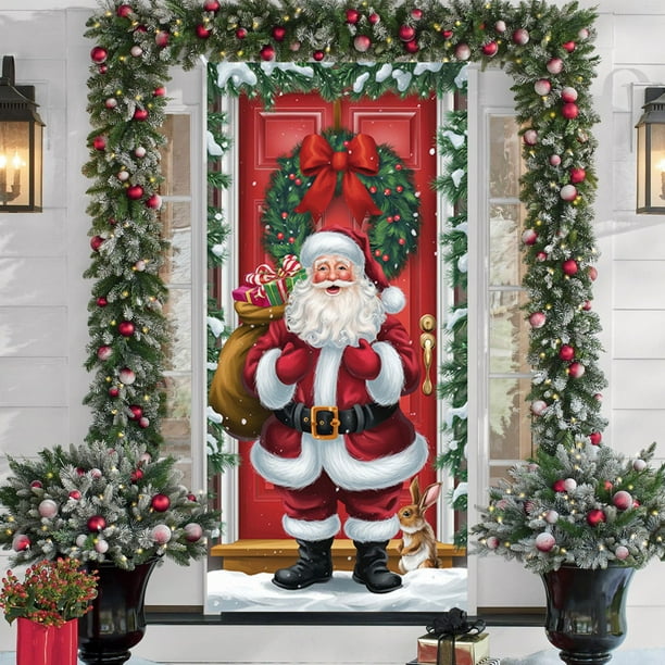 Christmas Door Cover Santa Claus Print Holiday Party Decoration Polyester Fabric Door Hanging for Home Indoor Outdoor Festive Decor