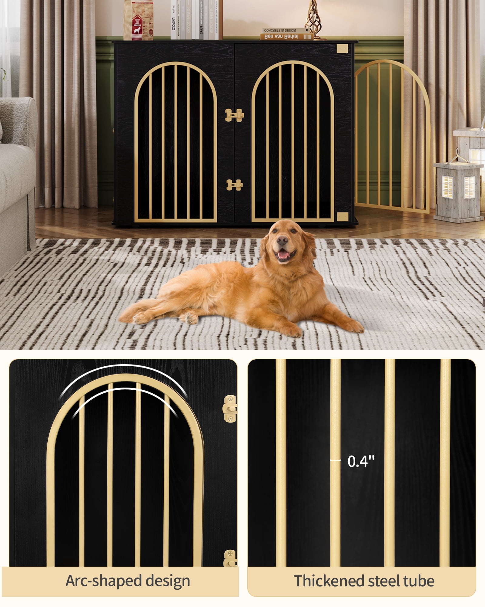 44.1" Dog Crate Furniture, 3 Door Wooden Dog Crate Furniture for Small/Medium/Large Dog,Black Gold