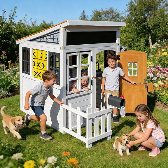 Multiple Outdoor Wooden Playhouse Cottage with Bench,Dutch Door,Windows,Play Kitchen,Tic-Tac-Toe,Chalkboard,Mailbox,Doorbell,Pet Door Fun Play Backyard Garden Playground