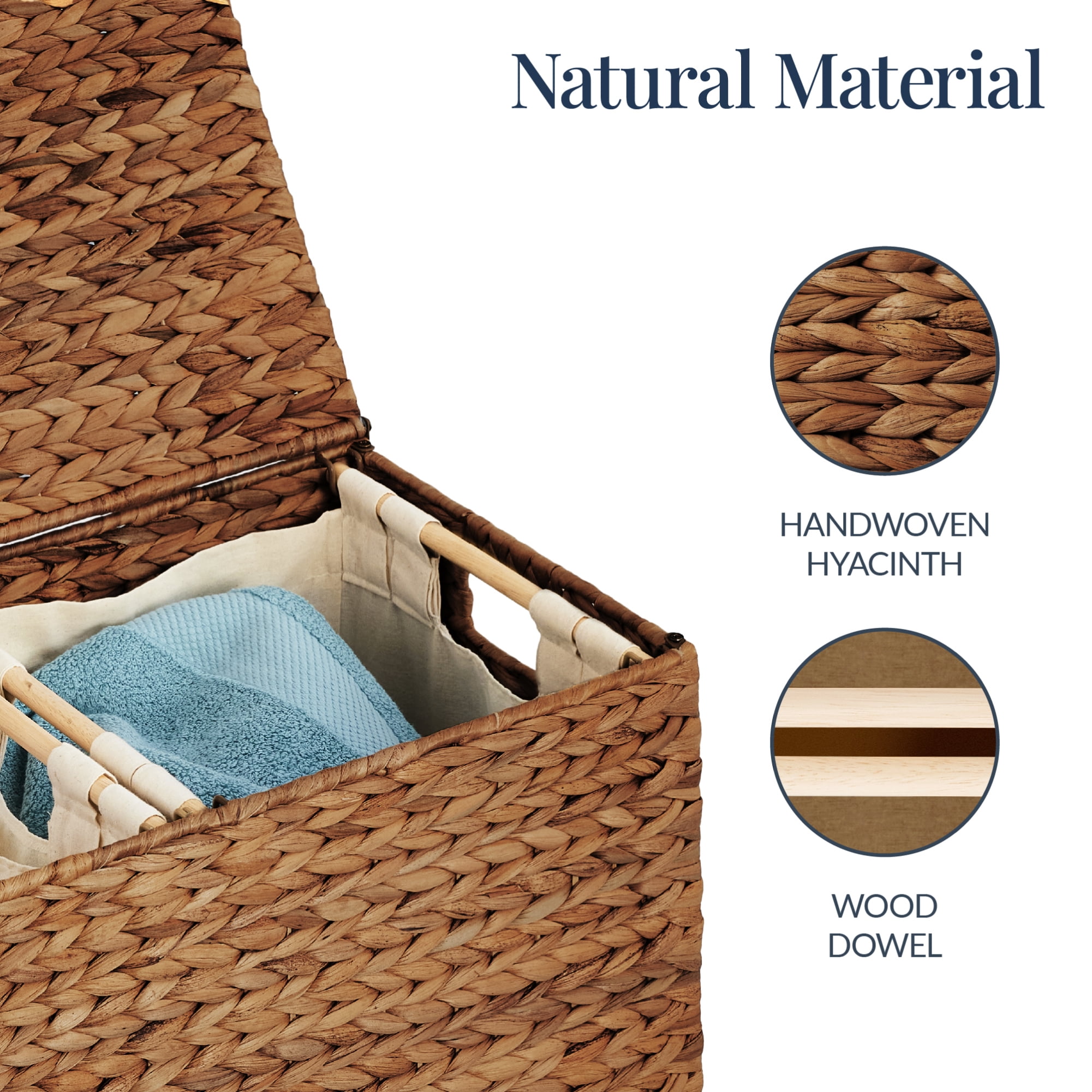 Best Choice Products Large Natural Water Hyacinth Double Laundry Hamper Basket w/ 2 Liner Bags, Handles - Chestnut
