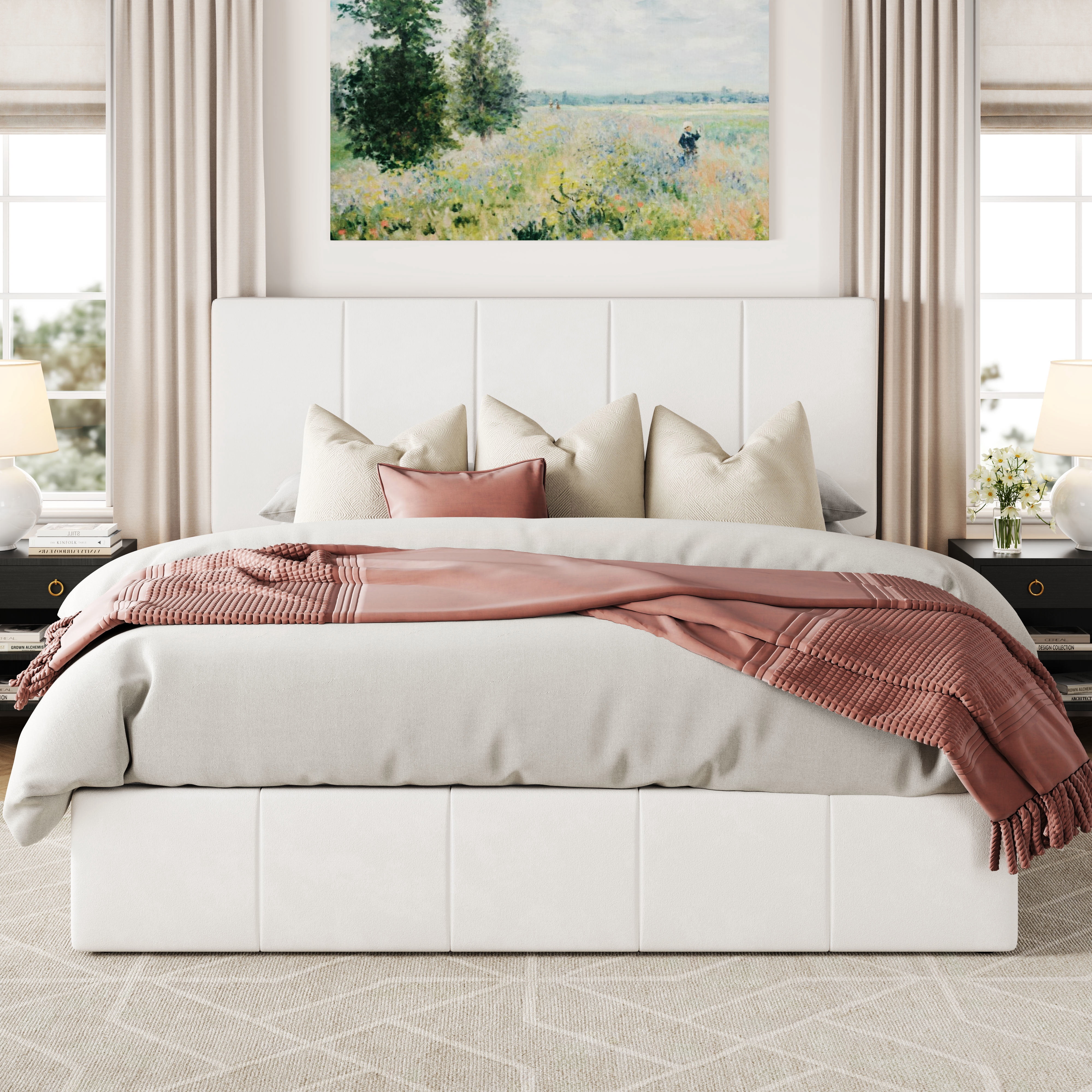 Allewie Queen Size Velvet Lift Up Storage Bed Frame, Vertical Channel Tufted Headboard, Hydrualic Underneath Storage, Upholstered Platform Bed, Wooden Slats Support, No Box Spring Needed, White