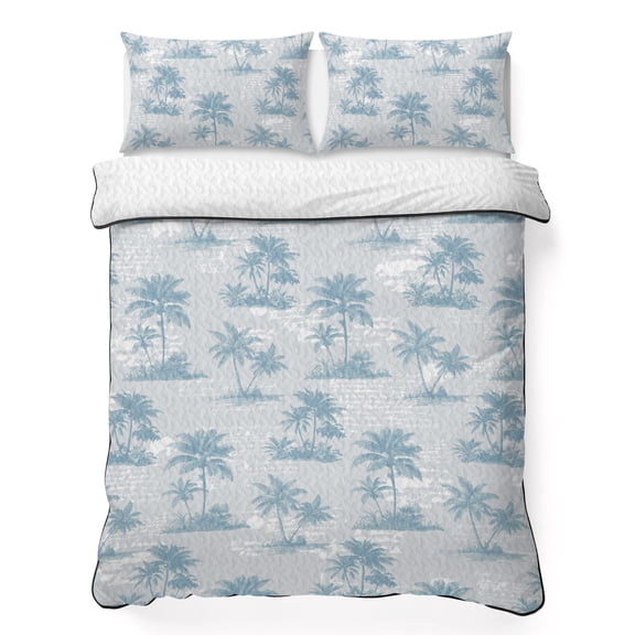 Quilts Queen Size Bedding Set, Tropical Plants Lightweight Quilted Comforter, Blue Palm Trees Botanical Summer Gray Soft Reversible Bedspread Coverlet with Pillow Covers for All Season, 90" x 96"