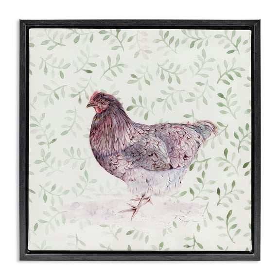 Stupell Industries Farmhouse Hen Portrait on Leaf Sprigs Black Floating Frame Canvas Art, 18 x 18, by Cady Driver
