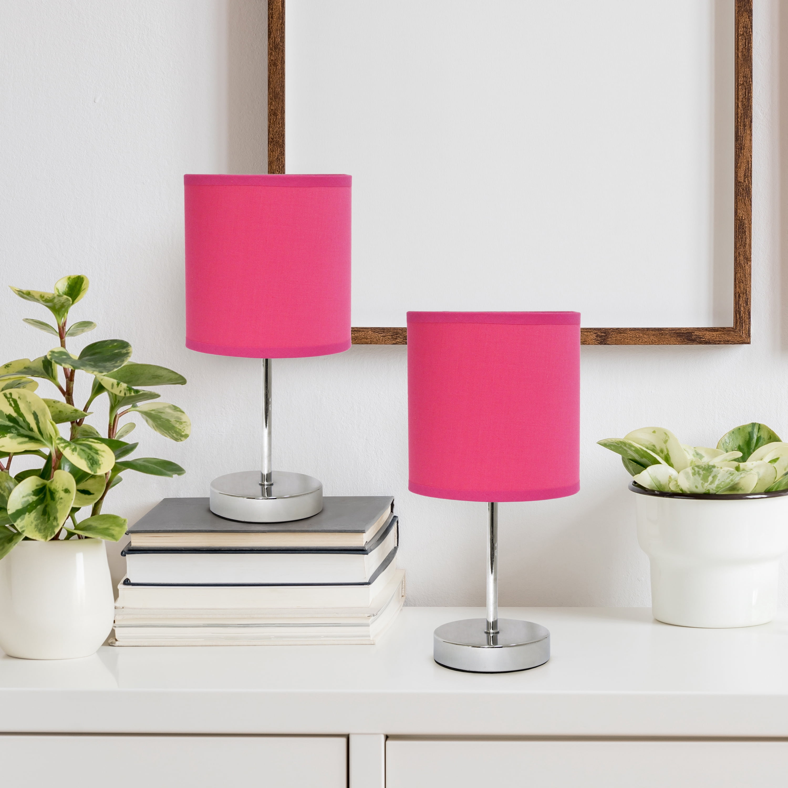 Creekwood Home 11.81" Chrome 2 Pack Petite Metal Stick Table Lamp Set, Hot Pink Shades