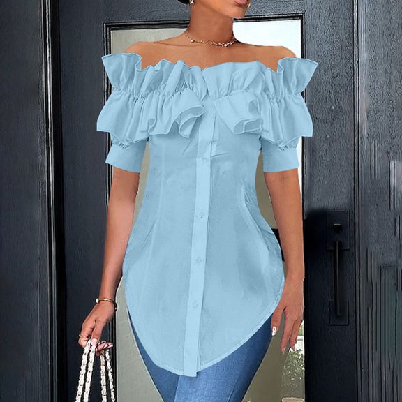 Efngkp Summer Yunics Tops for Women Fashion 2025 Shirt Off Shoulder Ruffle Short Sleeve Button Front Blouses Casual Layered Tops Long Button Down Blouse