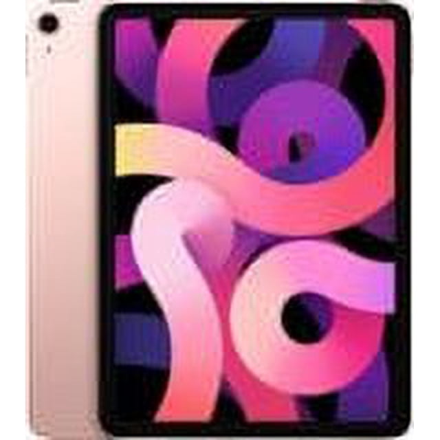 apple ipad air de 10,9 pulgadas (4.ª generación) con wi-fi de 64 gb - oro rosa frontal, vista centrada de la pantalla Liquid Retina de 10,9" con gráficos coloridos, marco delgado y cámara FaceTime en la parte superior; perfil izquierdo en oro rosa muestra cámara trasera y botón superior con Touch ID; apto para editar video 4K y usar Apple Pencil (2.ª gen).