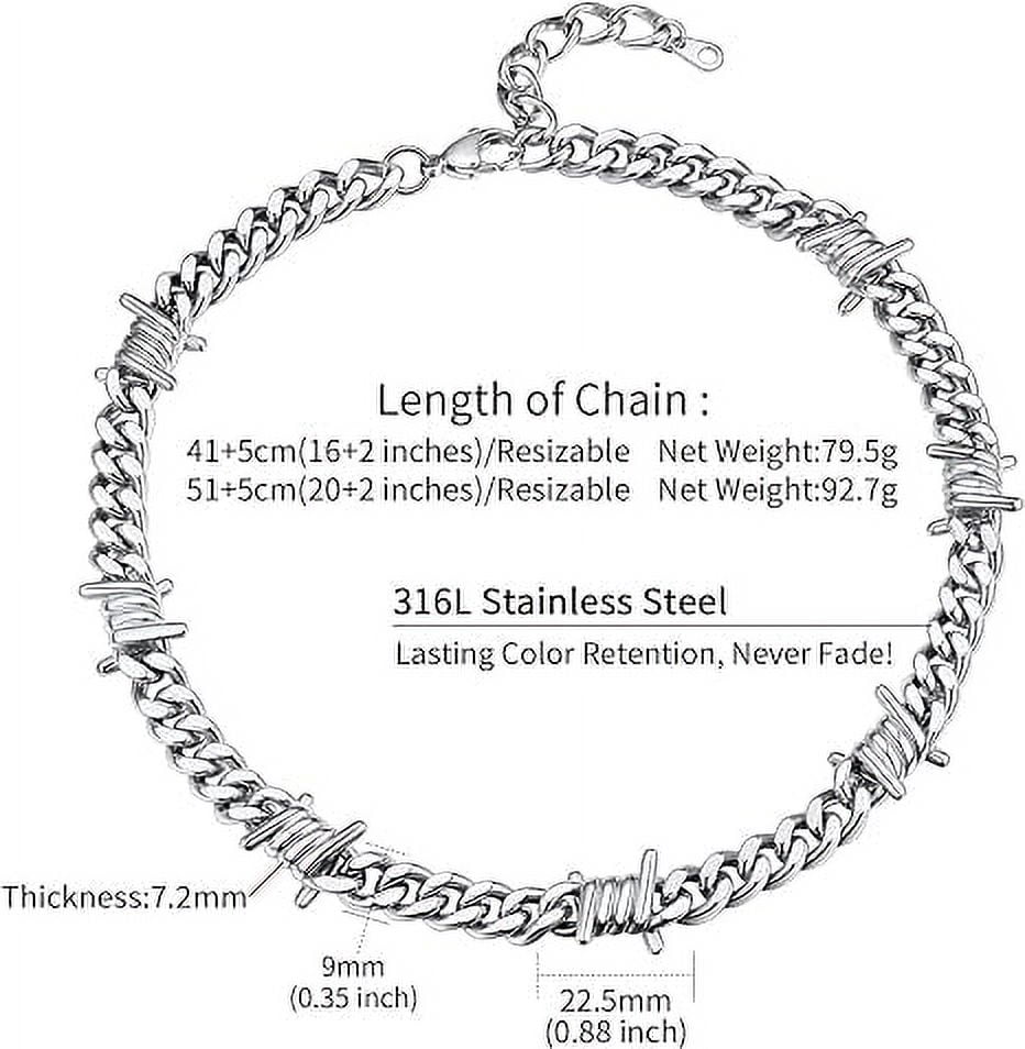 ChainsHouse Silver Barbed Wire Necklaces for Men Women Punk Thorns Chain Necklace 9mm Width Chunky Chains Jewelry Gift, 20 inch