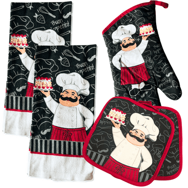 Kitchen Towels Set - Chef - Pot Holders, Oven Mitt, Dish Towel Chef Classic theme - Kitchen Gifts - Kitchen Towels 5 Pack