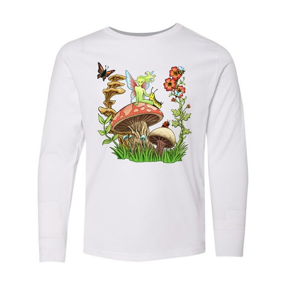 Inktastic Mushrooms with Fairy and Insects Long Sleeve Youth T-Shirt