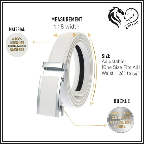 Celino White Buckle Adjustable Ratchet Slide Buckle 100% Genuine Leather Belt for Men, One Size Fits All, Made in Europe
