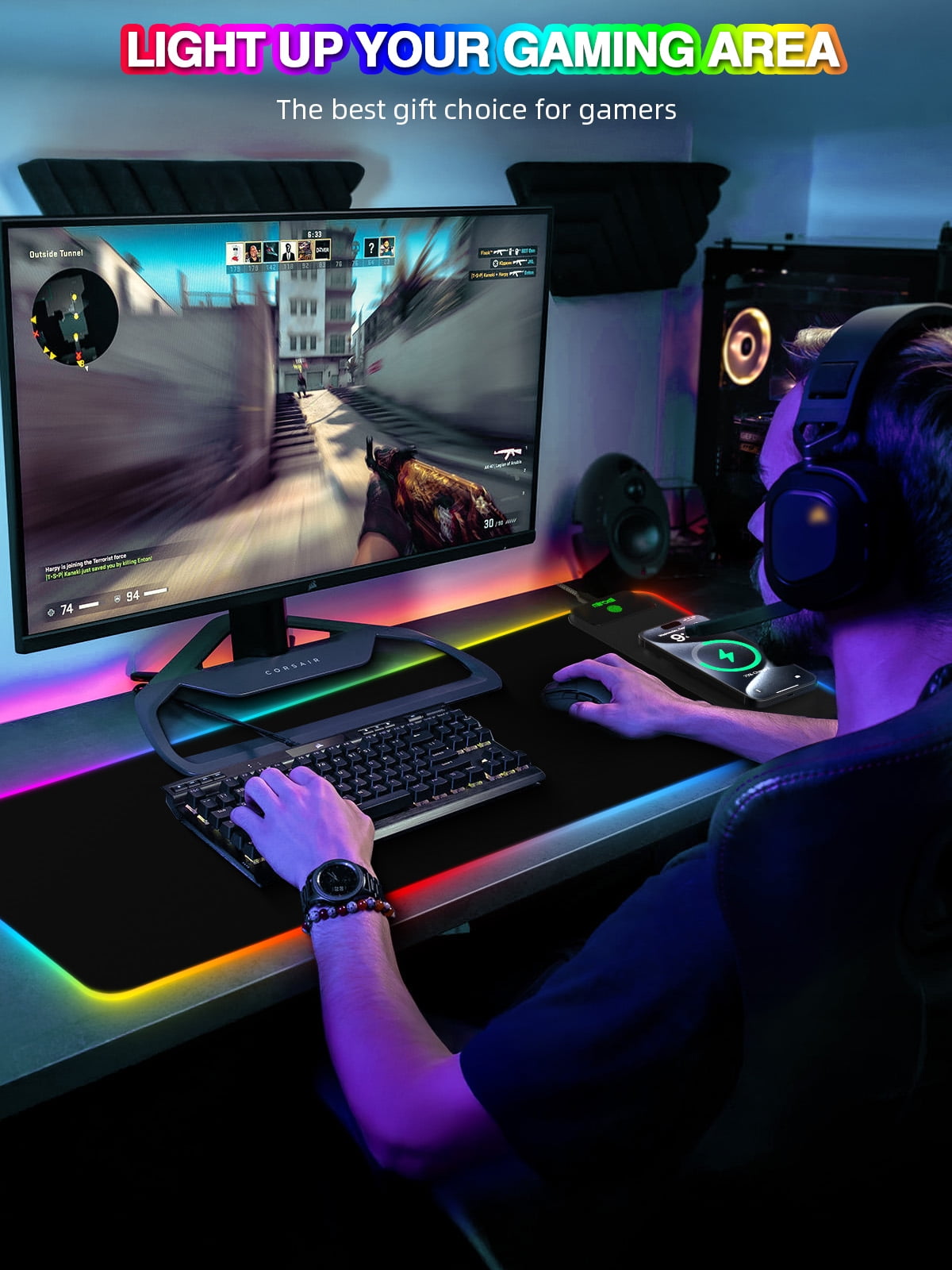 Miroddi RGB Gaming Mouse Pad with Magnetic Wireless Charging, 15W Fast Charging LED Desk Pad 31.5 x 11.81, Large Computer Keyboard Mat for Home, Office