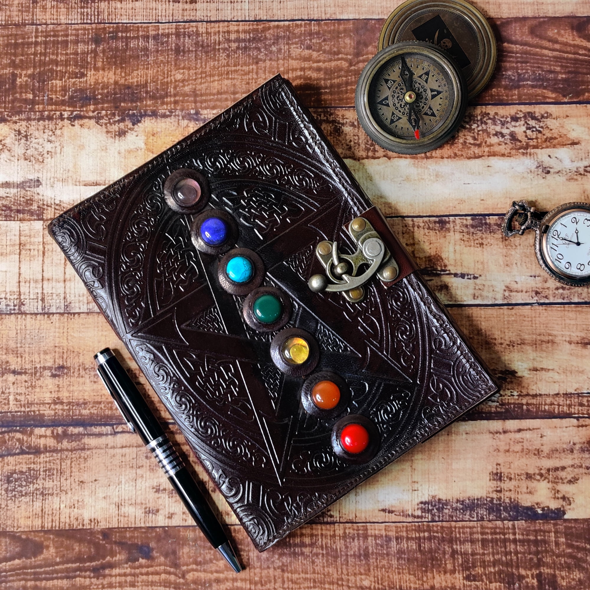 Leather Journal Writing Notebook 7 Chakra Stone Diary for Men & Women, Handmade Bound Witch Journal Blank Sketchbook Notepad Gift for Artist & Writers by Rustic Town, Brown