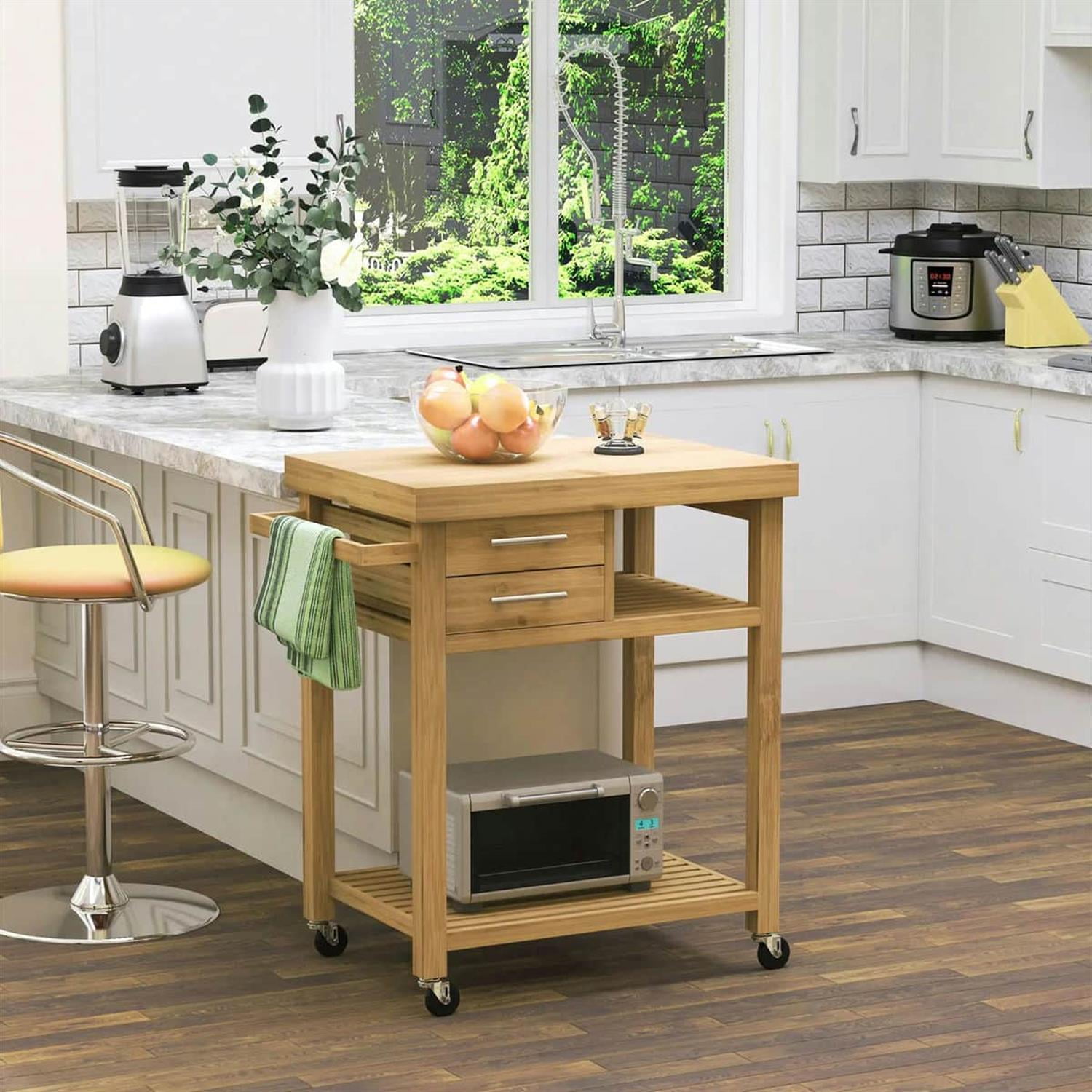 Demi Bonn 36" Bamboo Kitchen Island Cart on Wheels, Rolling Utility Trolley Cart with 2 Drawers & Open Shelves, Storage Cart for Kitchen, Beige