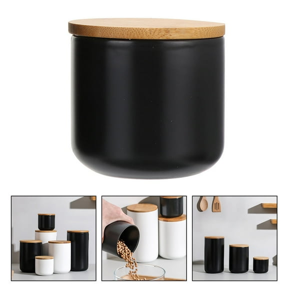 HONMEET Ceramic Airtight Canister Set, Round Black Kitchen Storage Container for Grains, Coffee, Tea, and Food, 1 Set