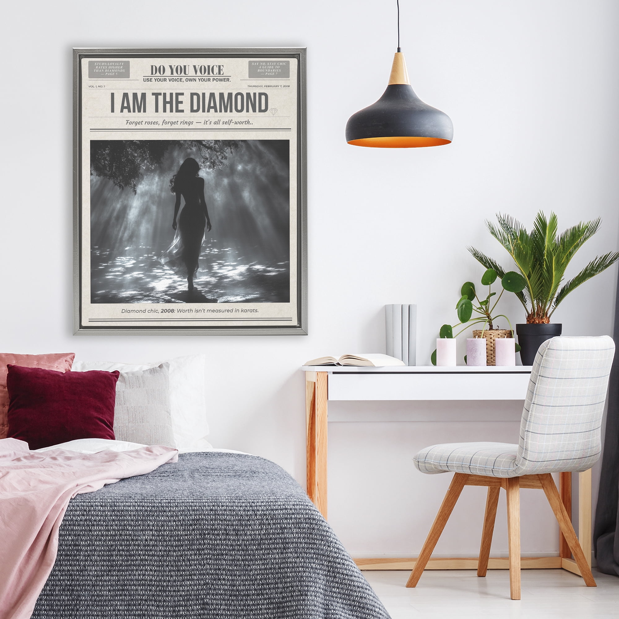 Stupell Industries Diamond Chic Newspaper Gray Framed Floater Canvas Wall Art, design by A Barefoot Stylist