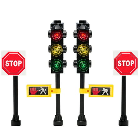 Building Bricks Toys Traffic Light with Pedestrian Crossing Stop Sign City Town Road Street Toy Traffic Sign for Kids 4 Pcs