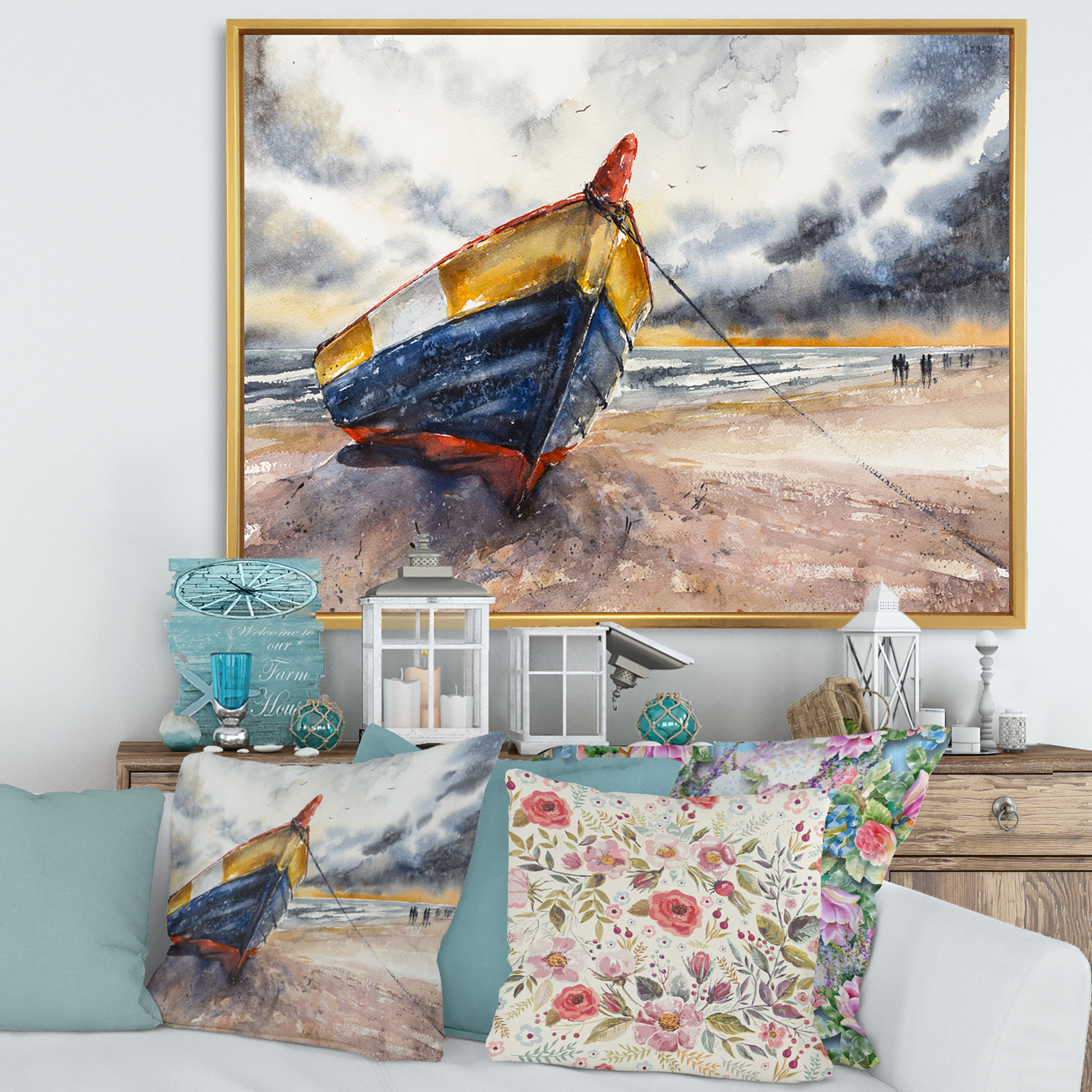 Designart 'Wooden Boat On The Baltic Shores At Evening Glow' Nautical & Coastal Framed Canvas Wall Art Print