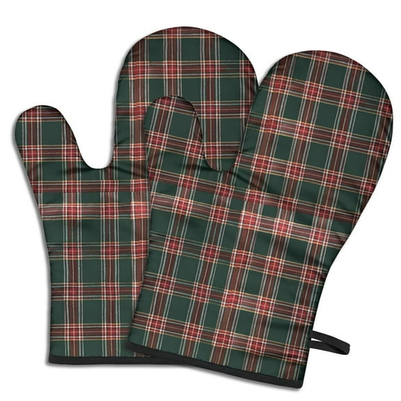 Cute Oven Mitts,Green and Red Christmas Plaid Pattern Oven Mitt 2-Pack Set,Kitchen Gloves for Oven,Heat Resistant Oven Mitts 7.7"x12"