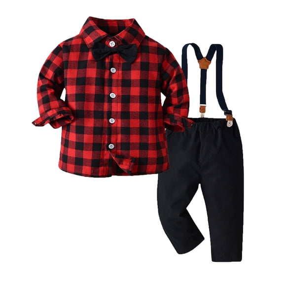 Splozh Toddler Boy Clothes Baby Outfits Toddler Boy Clothes Christmas Baby Boy Clothes Baby Plaid Shirt Suspender Pants Set Outfit Red,6-12 Months