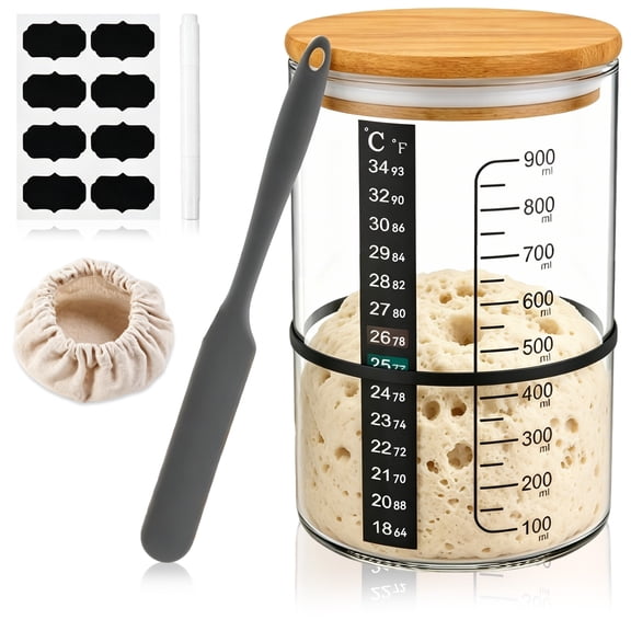 Sourdough Bread Starter Kit, 30oz Glass Sourdough Jar with Wooden Lid, Thermometer, Marking Tape, Spatula, Cloth Cover for Sour Dough Bread Loaf Baking Supplies