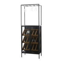 DecMode 24" x 67" Black Wood 15 Bottle Standing Wine Rack with Wine Glass Holders and Wood Accents, 1-Piece