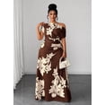 thumbnail image 5 of Coffee Brown Plus Size Green Floral Print One Shoulder Cinched Waist, 5 of 7