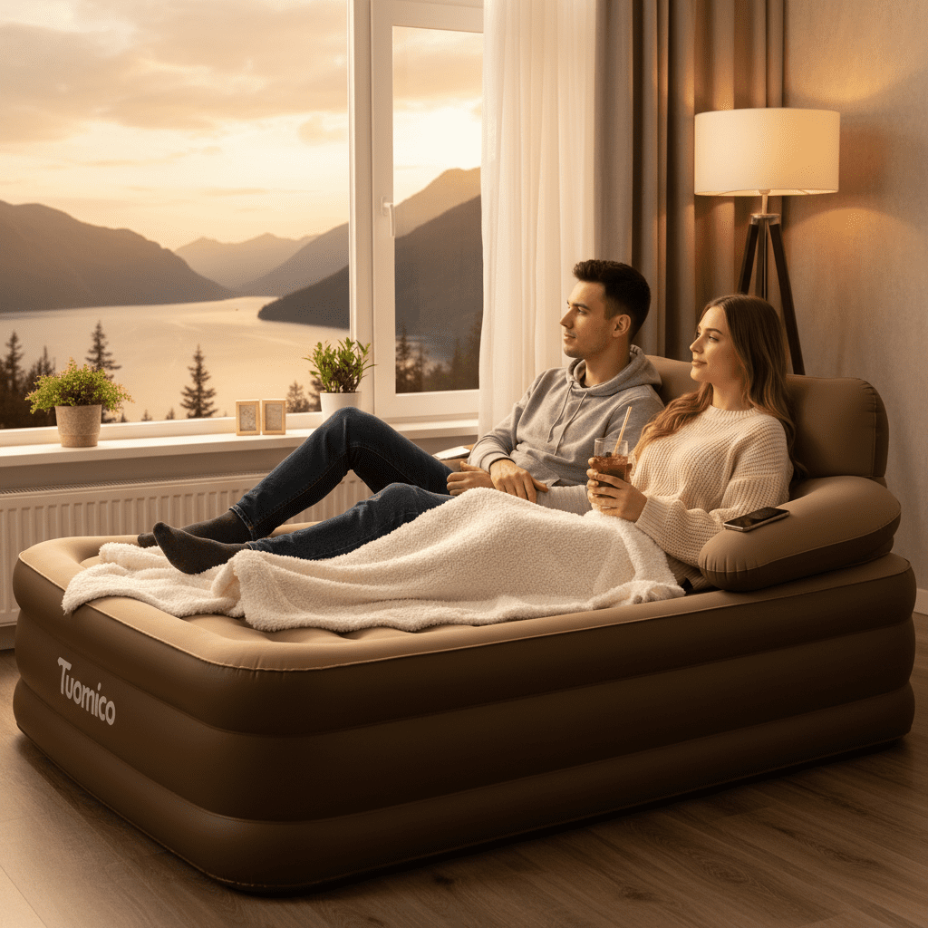 ManyFun Air Mattress Queen  with Headboard,18in Inflatable with Built-in Pump, Comfort Air Bed Queen for Camping & Home Brown