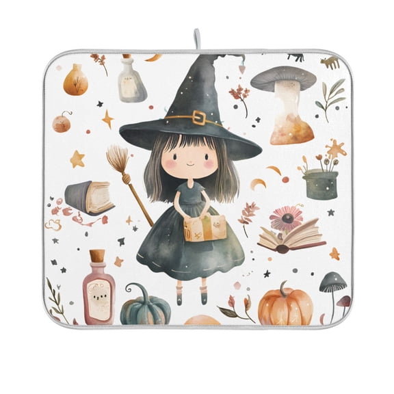 Yayeee Dish Drying Mat for Kitchen Counter 16"x18" Microfiber Absorbent Pad, Watercolor Halloween Girl