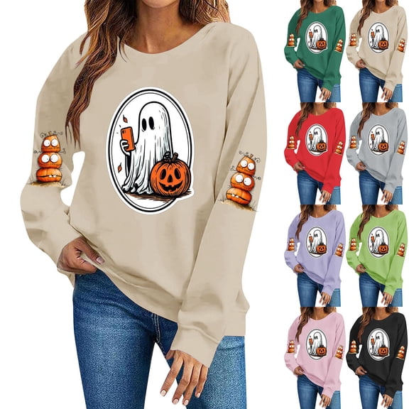 Jsaierl Halloween Sweatshirts Women Cute Print Pullovers Fall Classic Round Neck Long Sleeve Sweater Tops Halloween Costumes, Sizes S-2XL