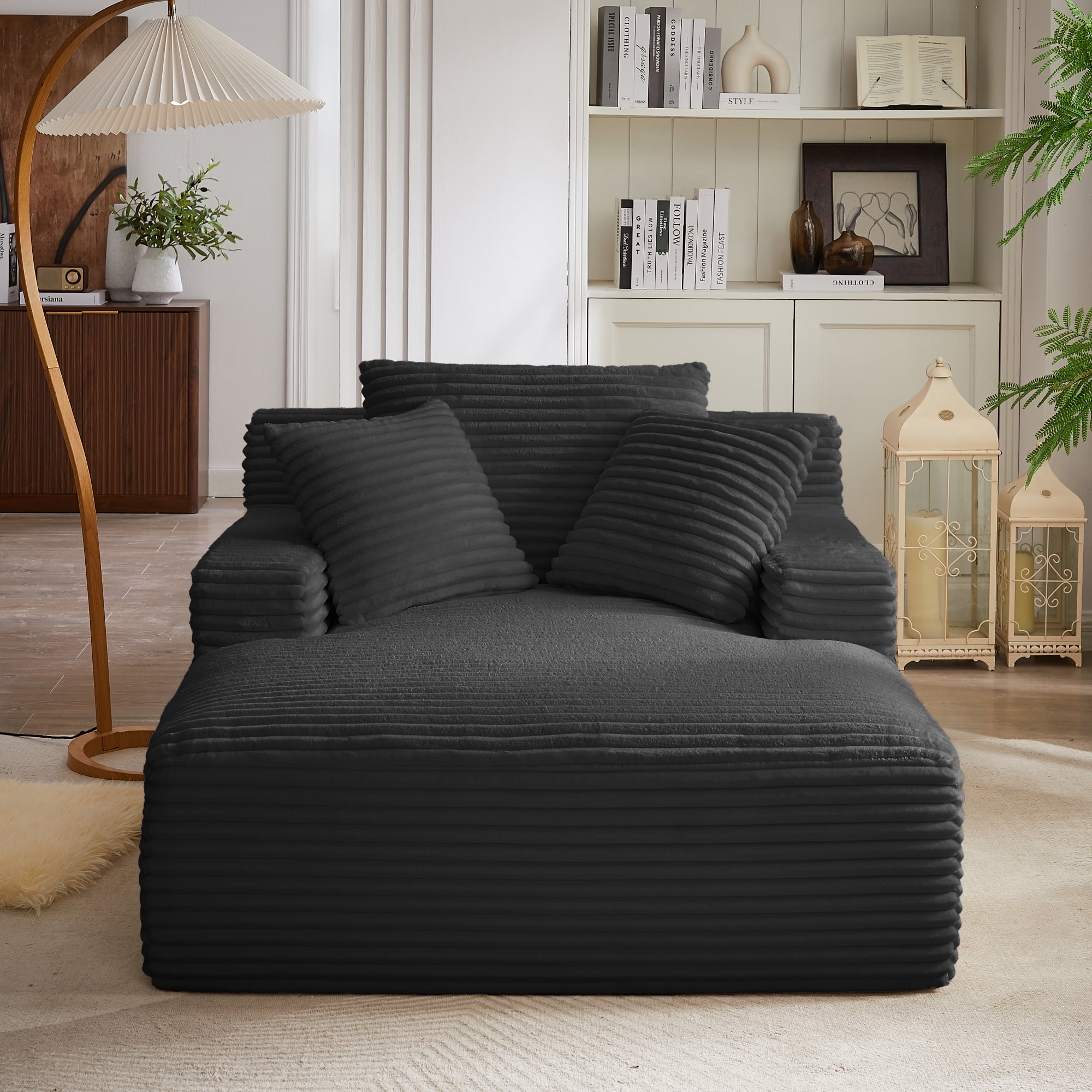 Leumius Oversized Chaise Lounge Chair Indoor,Modern Corduroy Deep Seat Chaise Lounge with 3 Throw Pillows, Square Arm Boneless Floor Sofa,Lazy Sofa for Living Room Bedroom,No Assembly,Black