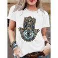 thumbnail image 1 of Stylish Women's Black T-Shirt with Intricate Hamsa Hand & Eye Design - Elegant Cotton, Short Sleeve, Round Neck, Machine Washable - Perfect for All Seasons, 1 of 6