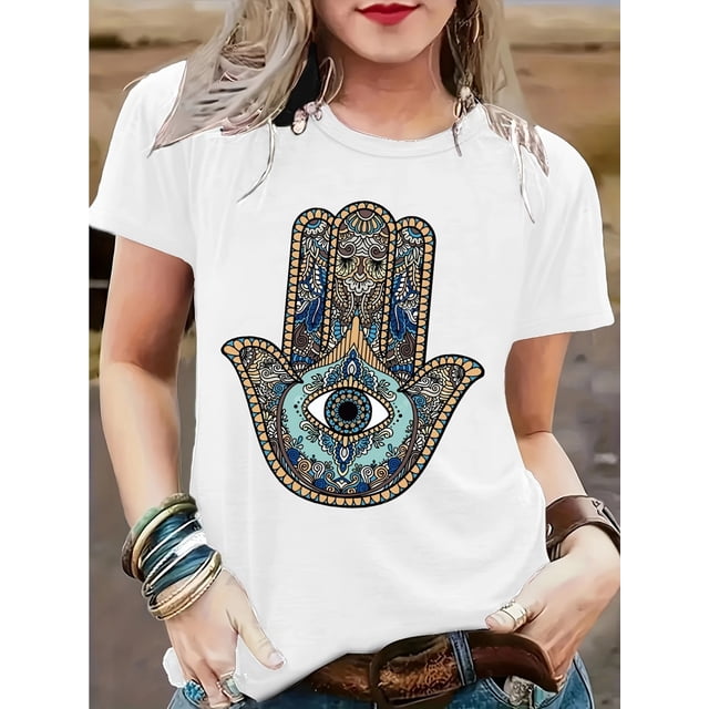 Stylish Women's Black T-Shirt with Intricate Hamsa Hand & Eye Design - Elegant Cotton, Short Sleeve, Round Neck, Machine Washable - Perfect for All Seasons