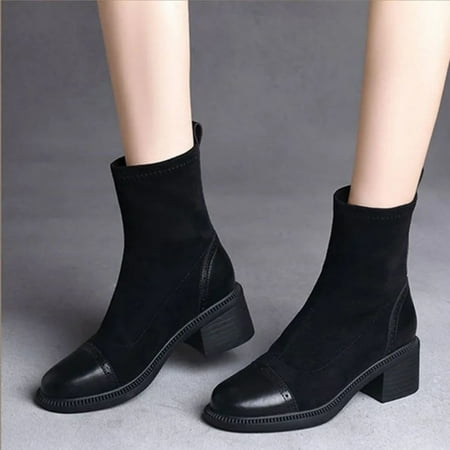 

ZMHEGW Women Boots Solid Color Autumn Thick Sole Square Heels Slip On Mid Booties Round Toe Boots Shoes