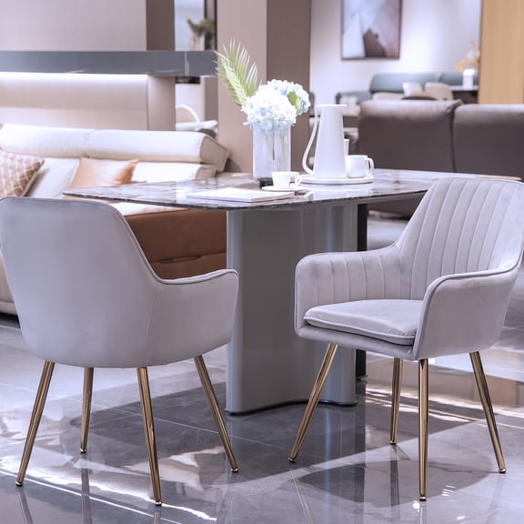 Velvet Dining Chair Set of 2 - Mid-Back Accent Chairs with Gold Plated Legs - Upholstered for Living Room (grey)