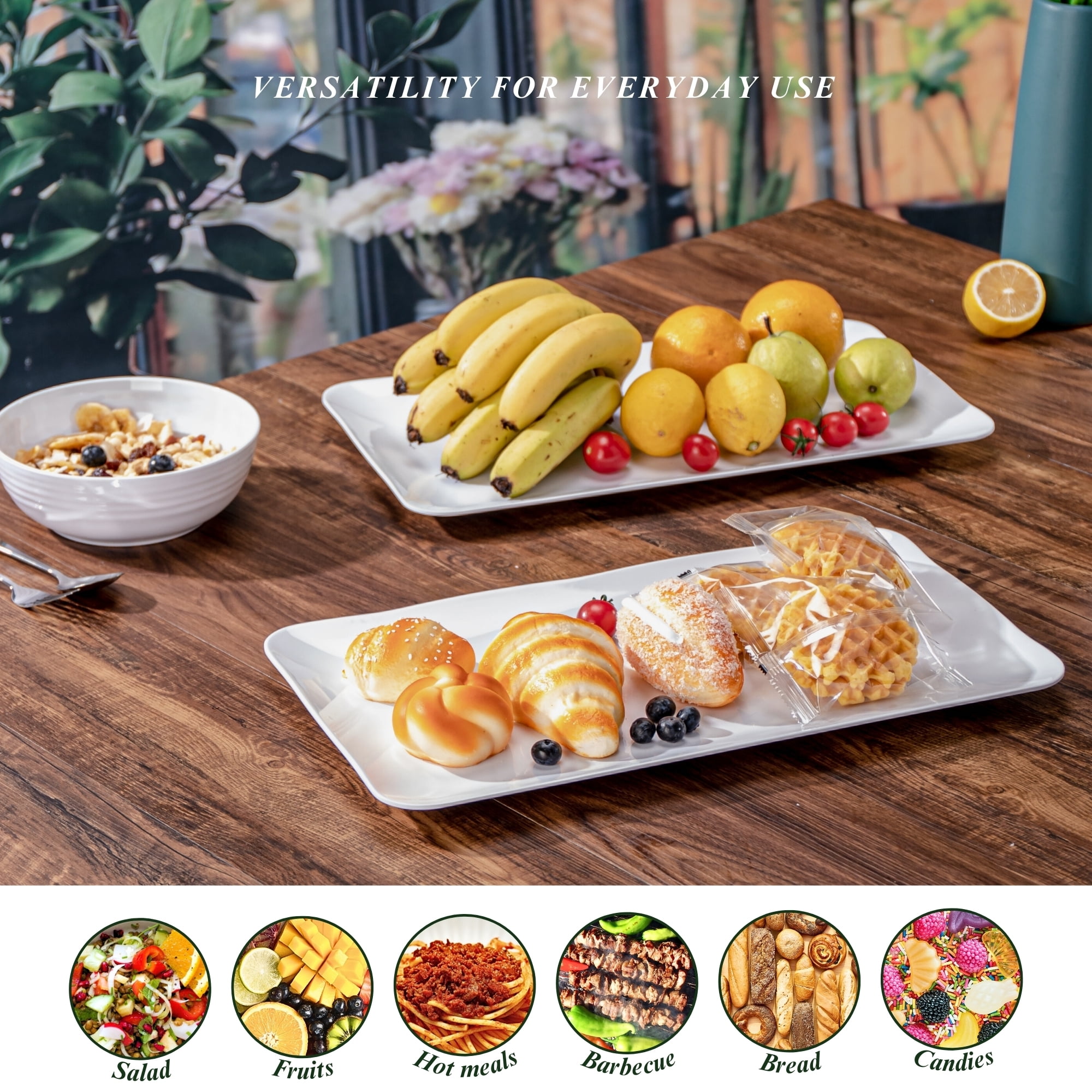 MIYOPESI 17-Inch Melamine Tray (Set of 2) - Unbreakable and Reusable Plastic Platters with Ceramic Feel, Stackable and Dishwasher-Safe - Versatile for All Meals