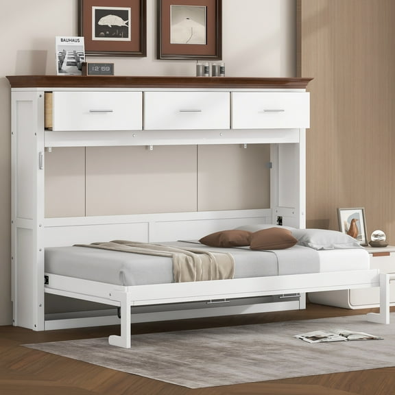 Euroco Wood Twin Size Murphy Bed with Cabinets and Drawers, White