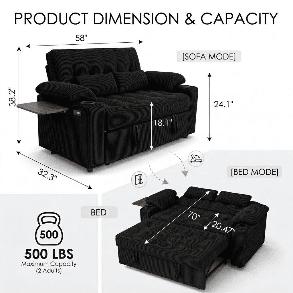 58" Sleeper Sofa Bed, Convertible Pull Out Couch Bed Corduroy Loveseat with Adjustable Backrest, USB Charging Ports, Cup Holders & Foldable Side Table for Living Room Apartment,Black