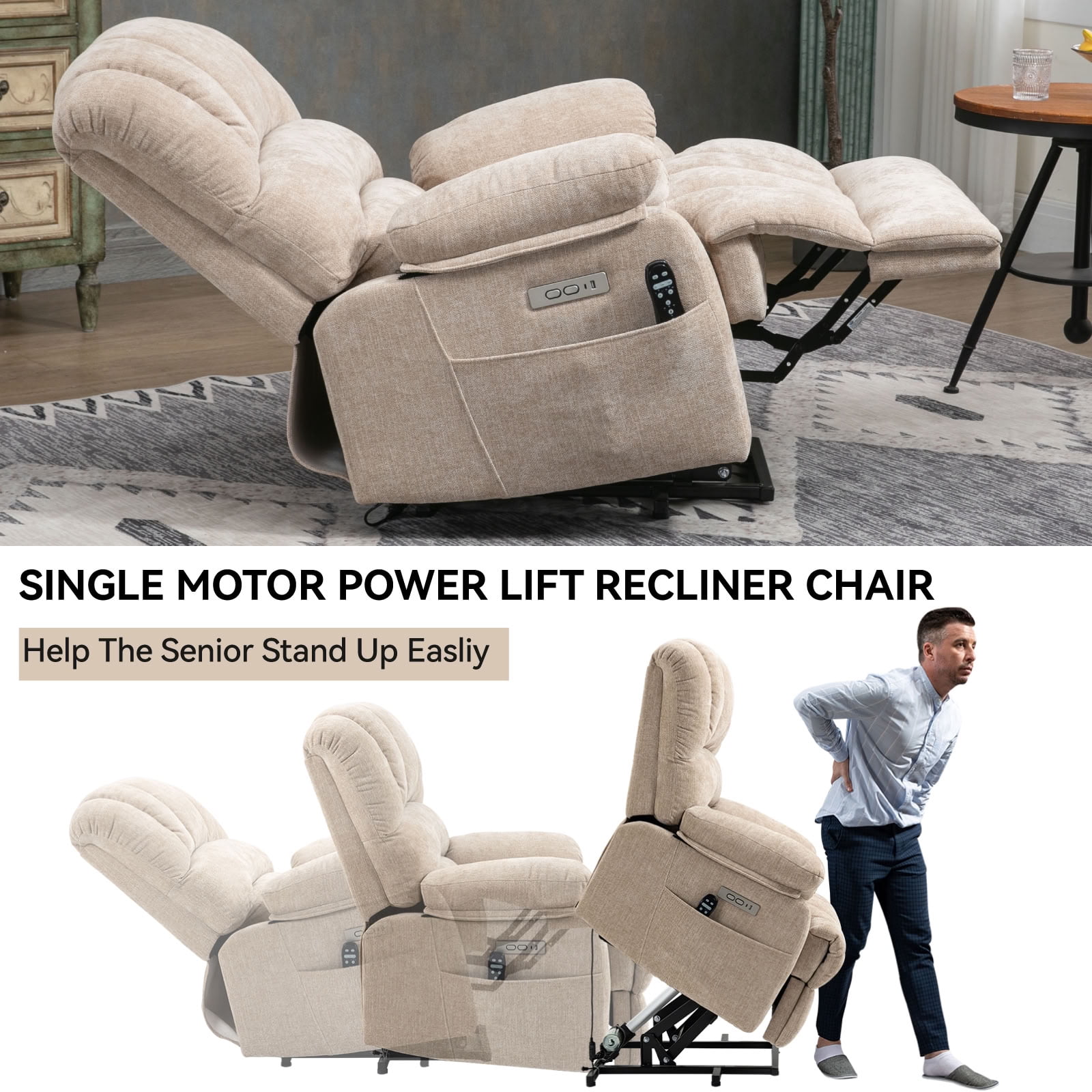 MAYEERTY Oversized Power Lift Recliner Chair, Chenille Electric Lift Chair with 8-Point Vibration Massage & Lumbar Heat, USB Port, for Living Room Elderly