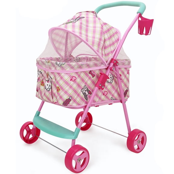 509 Crew: Little Duque 2-In-1 Pet Doll Toy Pram - Pink-Puppy-Kitten Print, Stuffed Animal Stroller w/ Removable Bassinet, Sun Canopy, Roleplay, Kid 3