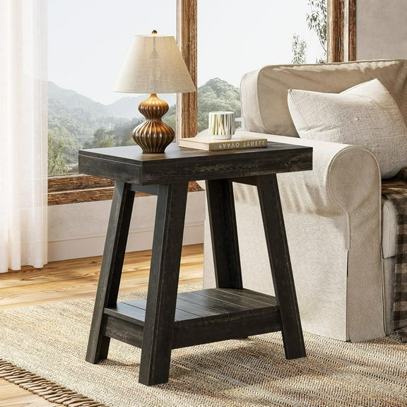 2-Tier Farmhouse End Table, Small Sofa Side Table with Storage for Living Room, Bedroom, Small Spaces, Rustic Grey