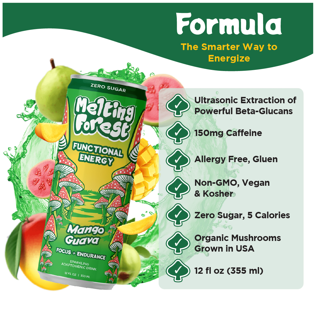 Melting Forest Mango Guava Mushroom Energy Drink, Lion's Mane & Cordyceps, Zero Sugar 12 Pk