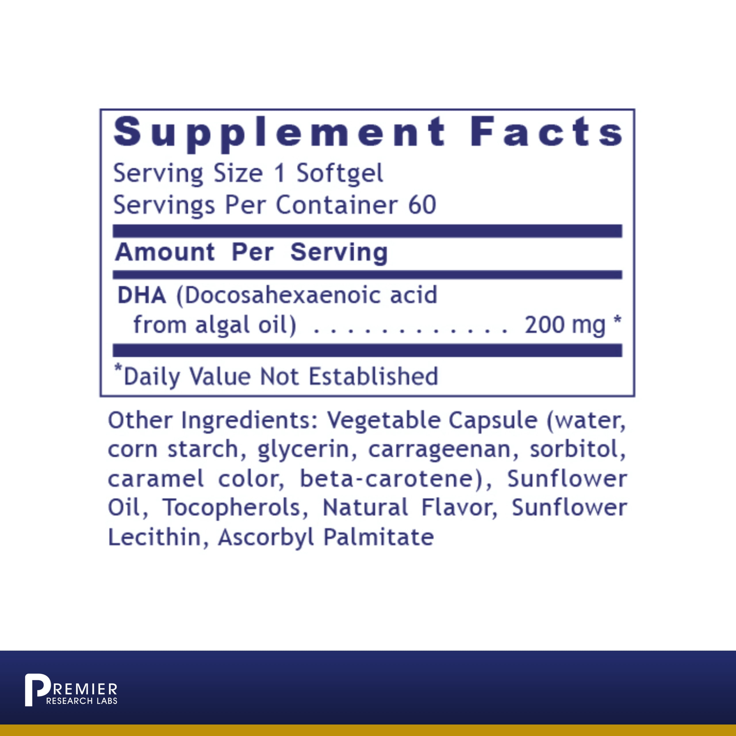 Premier Research Labs DHA - Supports Brain, Nerves, Eyes & Heart - Pure Plant Source DHA from Deep Sea Marine Algae - Gluten Free & Pure Vegan with No Added Stearates - 60 Vegetarian Softgels