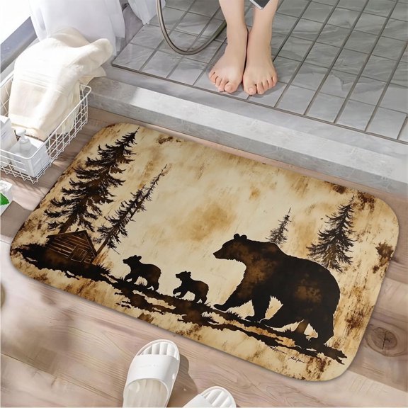 1pc A Bear Family in the Woods Absorbent Non-Slip Bathroom Thickened Flannel Rug Decor,Soft,Quick Drying,Suitable For Indoor/outdoor Use,Bathrooms,Bedrooms,Kitchens,Terrace,Laundry Rooms,16"x24"