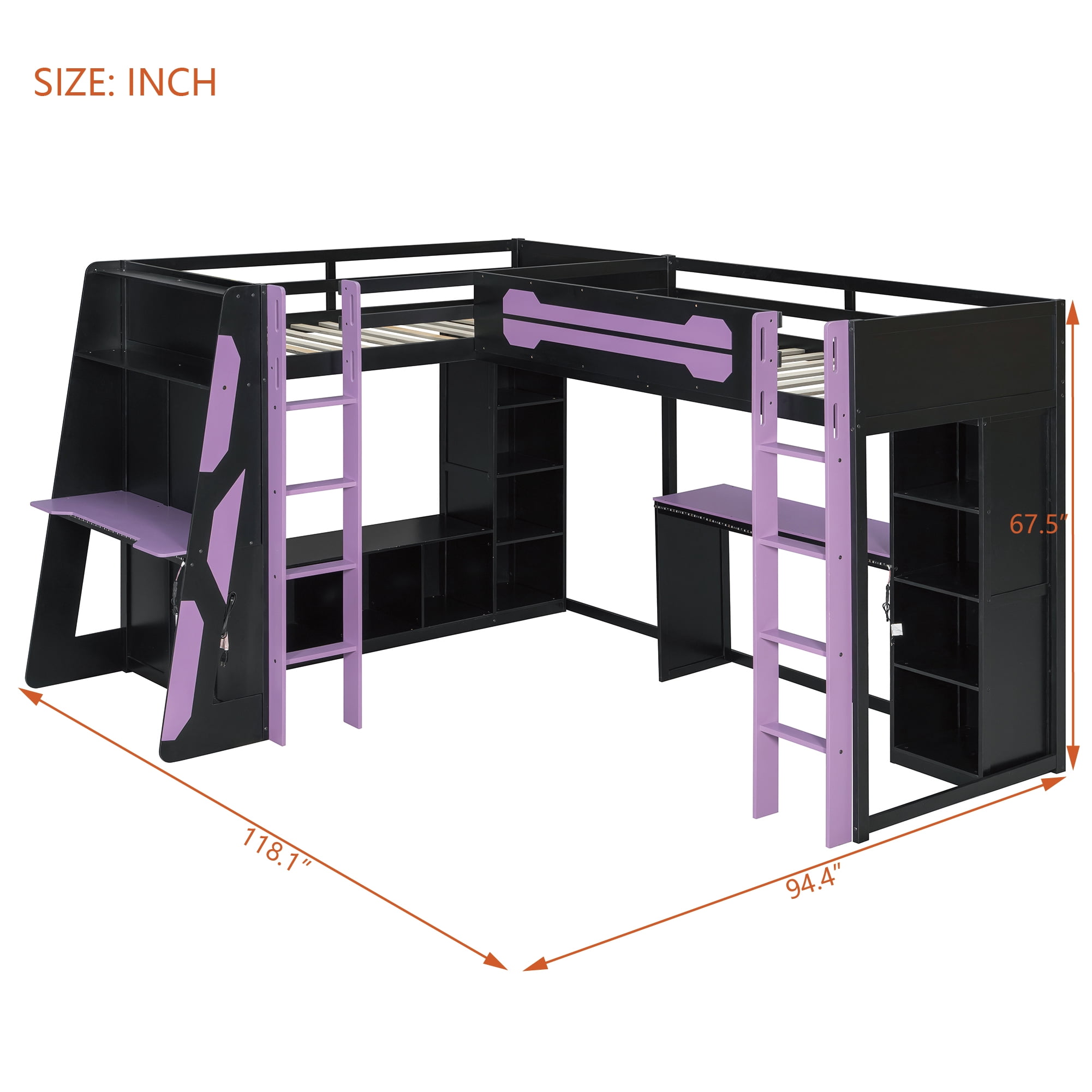 Mintazer L-Shaped Twin Loft Bed with 2 Gaming Desks, Gaming Loft Bed with RGB Lights & USB Charging Station, Black & Purple