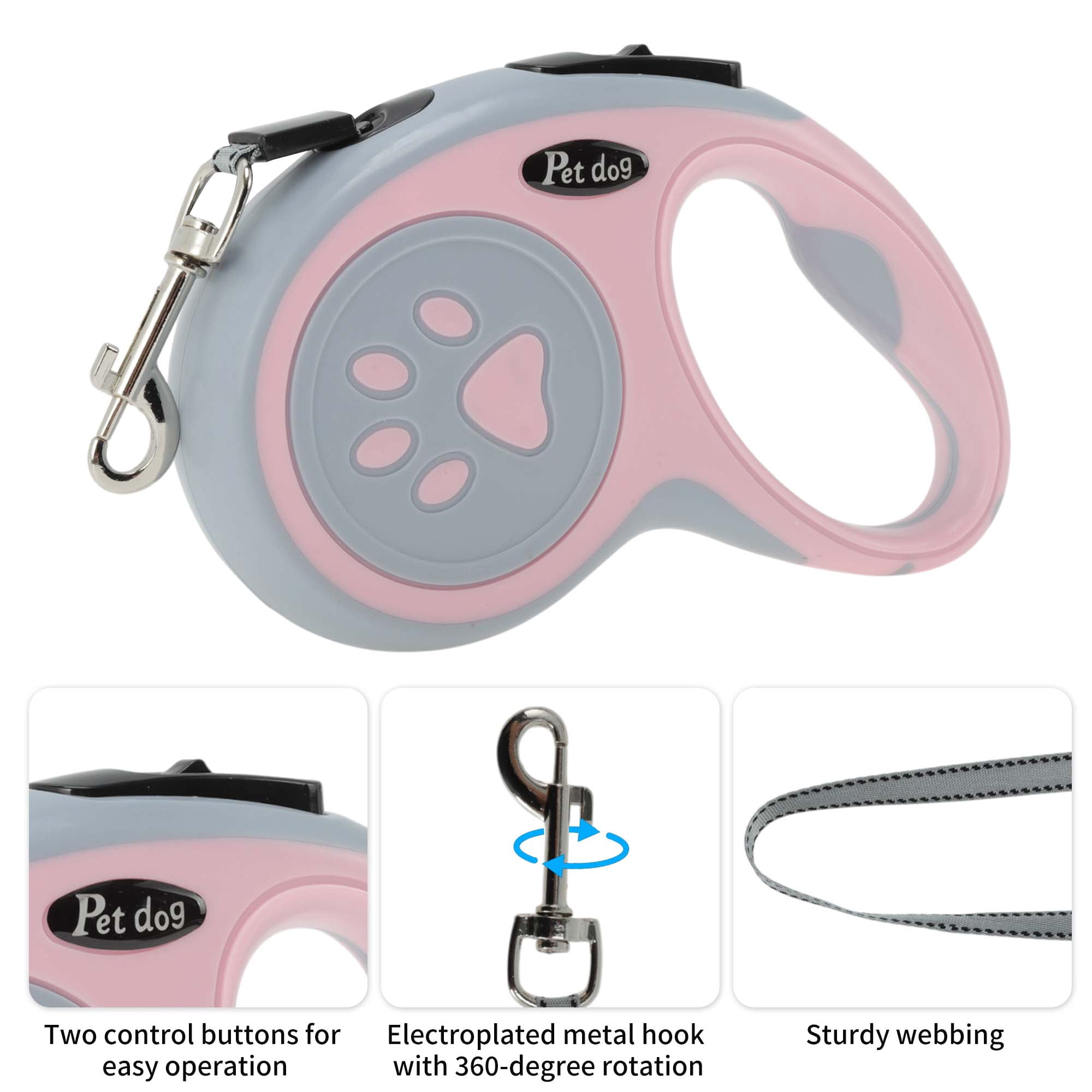 Unique Bargains Retractable Pet Leash with Ergonomic Handle Pink 3 Meter
