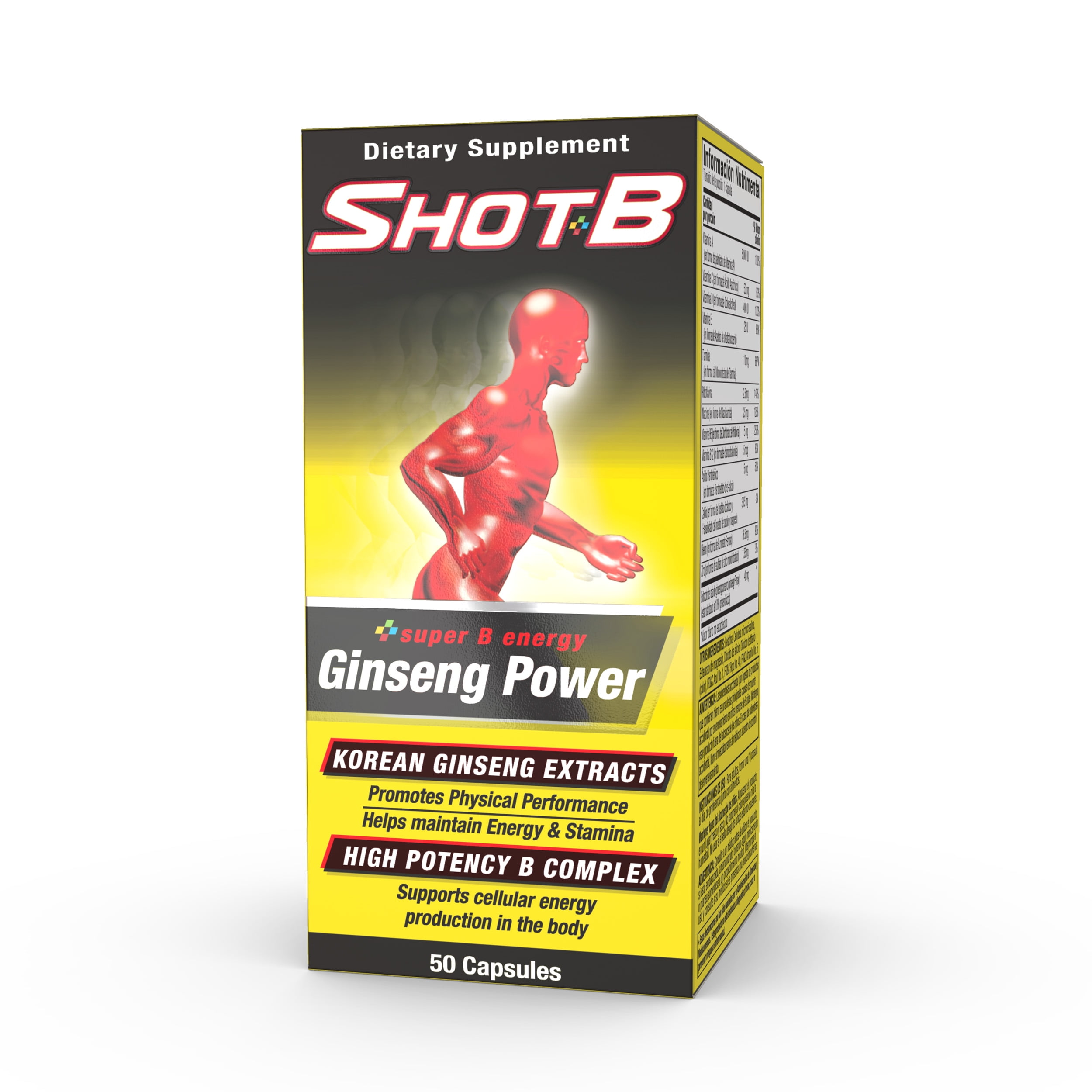 Shot B Multivitamin Supplement with Ginseng Power, High Potency B Complex- Capsules, 50 Count
